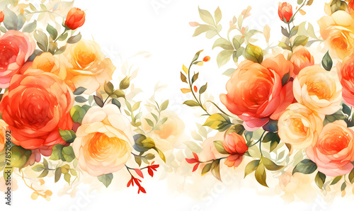 Red and yellow roses pattern, watercolor, Generative AI © simba kim