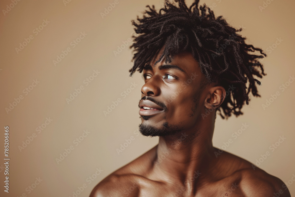 portrait of a black Brazilian man with curly hair in studio beige background portrait of a black Brazilian man with curly hair in studio beige background