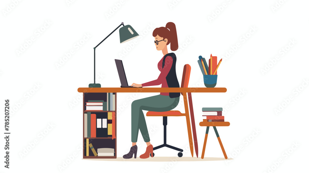 Young woman studying in a workstation Self Learning vector