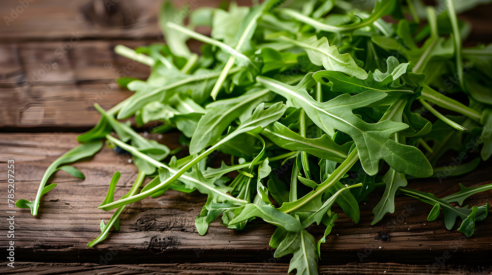 Heap of fresh arugula leaves on rustic wooden background, green salad ingredient
Heap of fresh arugula leaves on rustic wooden background, green salad ingredient
