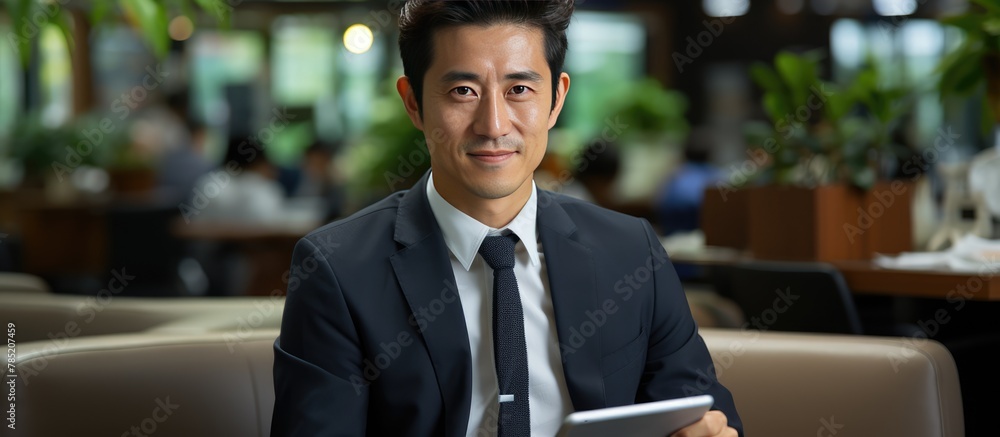 Fototapeta premium Business manager using tablet pc and smiling sitting in office working with copy space