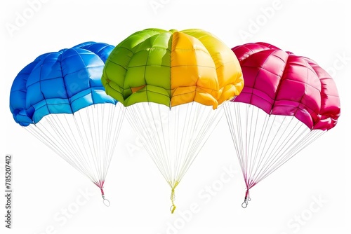 collection Bright colorful parachute on white background, isolated. Concept of extreme sport, taking adventure challenge . photo on white isolated background photo