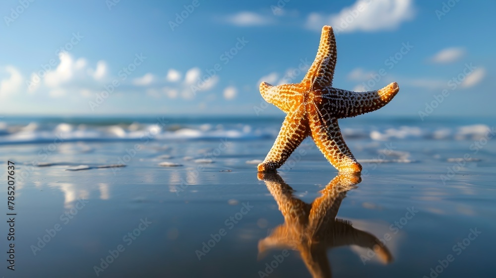 Vibrant Starfish Shimmering on Tranquil Beach with Calm Ocean Waves Reflecting in the Distance Vibrant Starfish Shimmering on Tranquil Beach with Calm Ocean Waves Reflecting in the Distance