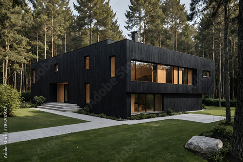 Modern luxurious minimalist cube house, villa with wooden cladding and black panel walls and landscaping design front yard. Residential architecture exterior.