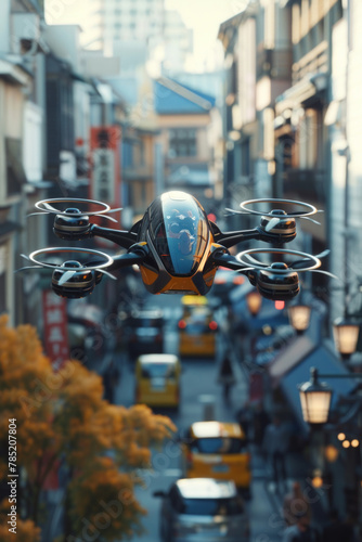 A flying taxi hovering above a street in a city