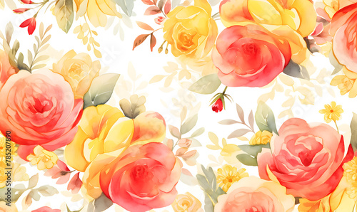 Fototapeta Naklejka Na Ścianę i Meble -  Red and yellow roses pattern, watercolor, Generative AI