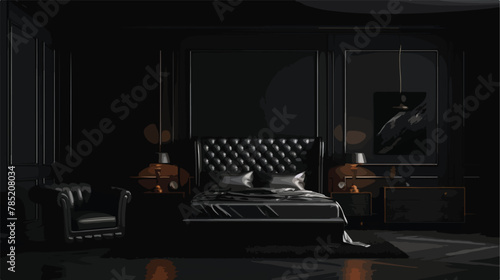 3D interior of dark bedroom black walls luxury room 