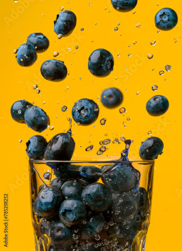 Blueberry falling into the glass, juice and fresh blueberries fruit isolated on yellow background.
