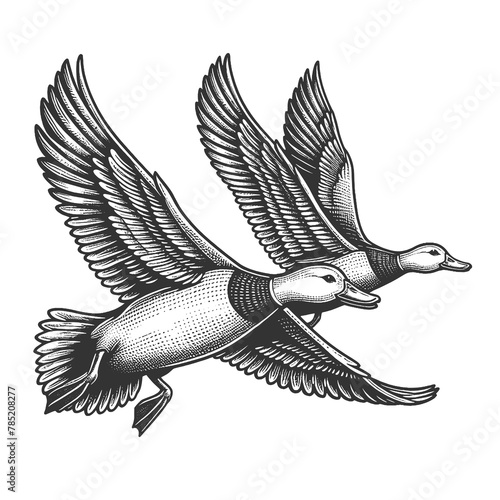 pair of mallard ducks in flight, showcasing detailed feather patterns sketch engraving generative ai fictional character raster illustration. Scratch board imitation. Black and white image.