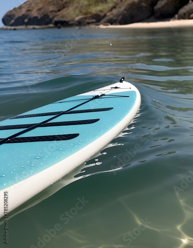 Close-Up of a Paddleboard Paddle in Water. with droplets of water cascading off the edge. The paddle and the water's surface are in sharp focus, showcasing the interaction between the paddle and water