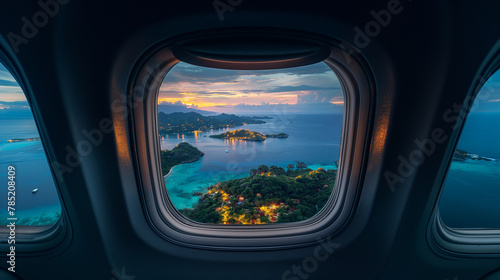 Breathtaking photo from the airplane window to the evening islands in the ocean in the light of sunset, an atmosphere of travel and tranquility.