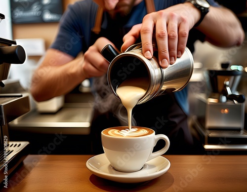 Coffee Shop Barista Pouring Latte Art. pouring steamed milk into a cup of espresso in a busy  modern coffee shop. The moment captures the creation of latte art  showing a delicate leaf pattern forming
