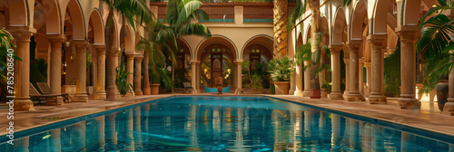 Invite to opulence with a pristine swimming pool surrounded by ornate Moroccan architecture and lush plants