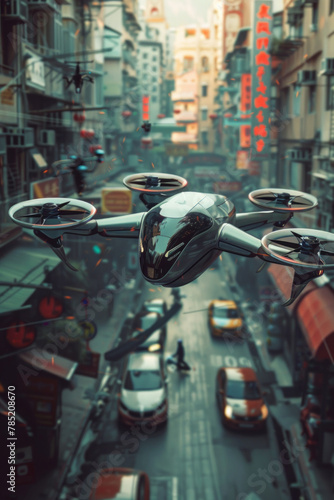 A flying taxi hovering above a street in a city