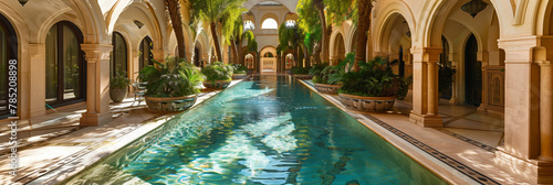 Warm sunlight basks an arched corridor with lush plants on either side, reflecting into a tranquil pool within © Armin