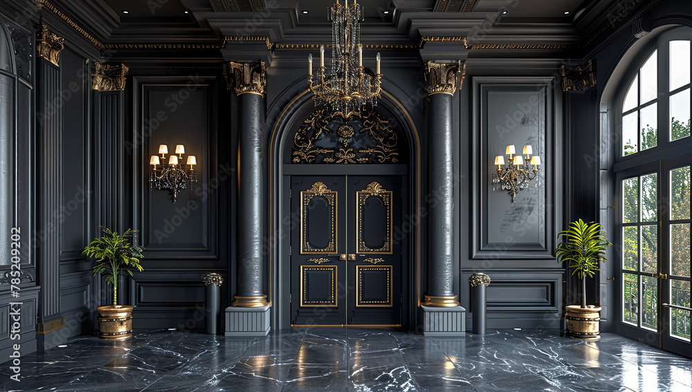Black wall background, black door and columns, classical interior design with marble floor and chandelier. Created with Ai