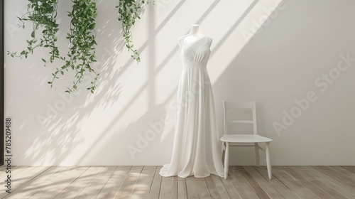 Sleeveless white long dress mockup  mannequin dress  white wall background