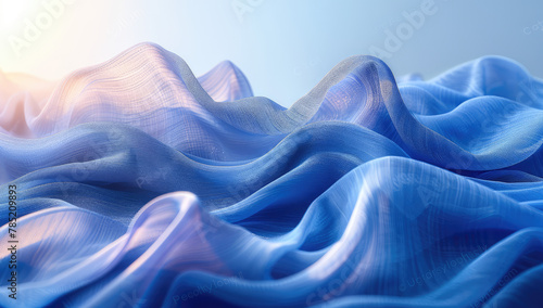  Abstract blue background with waves of fabric, 3D rendering illustration. Closeup of blue abstract background with blurred wave texture of cloth in the style of sunlight. Created with Ai