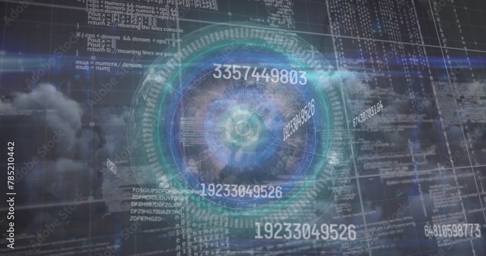 Animated multiple exposure of rapid changing numbers and globe with clouds in background Animated multiple exposure of rapid changing numbers and globe with clouds in background