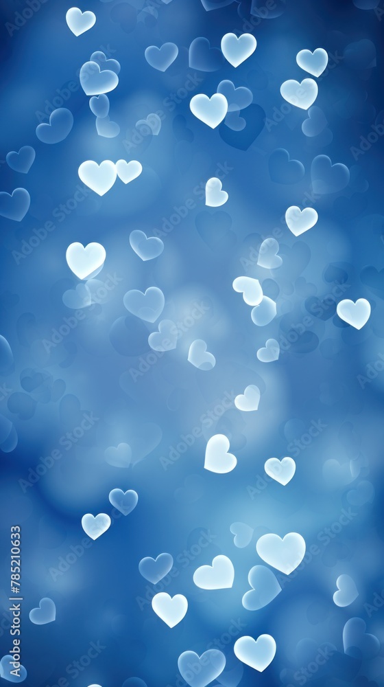 Light navy blue background with white hearts, Valentine's Day banner with space for copy, navy blue gradient, softly focused edges, blurred