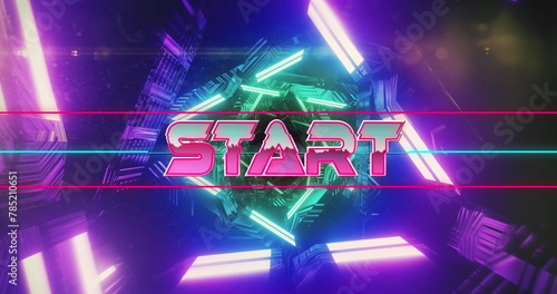 Image of start text banner over neon purple and green glowing tunnel in seamless pattern