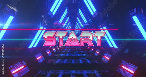 Image of start text banner over neon blue glowing tunnel in seamless pattern