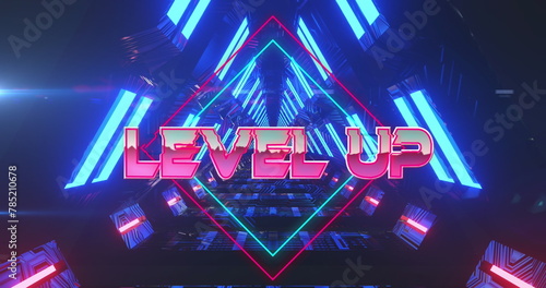 Image of level up text banner over neon blue glowing tunnel in seamless pattern