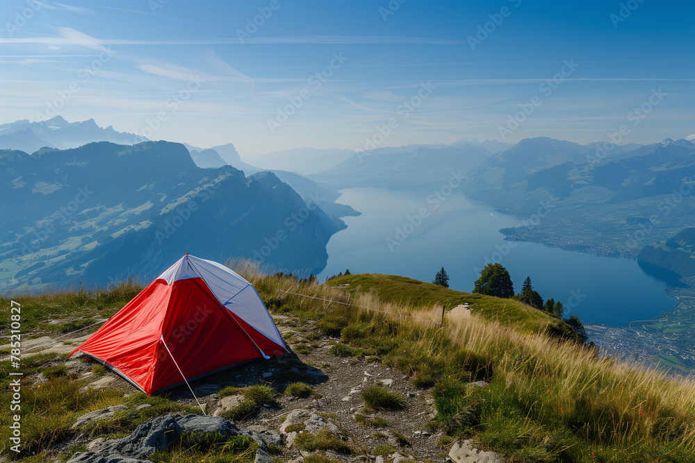 A red and white tent on the grassy hill overlooking the lake in Switzerland with mountains in the background. A view from the top of a mountain at summer time