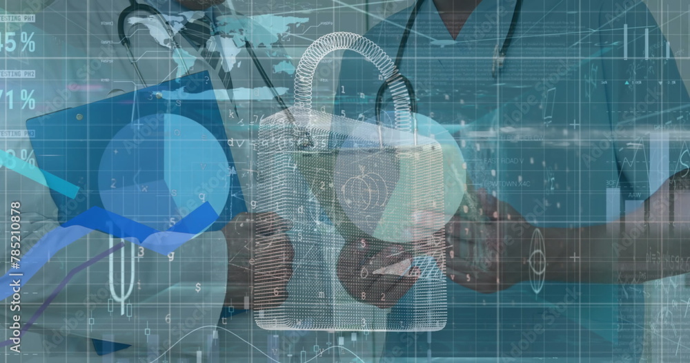 Fototapeta premium Image of padlock, statistics and data processing over midsection of caucasian male doctors