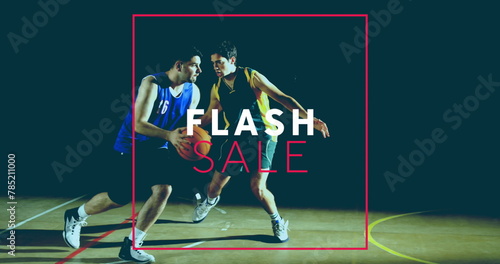 Image of flash sale text over diverse basketball players on black background