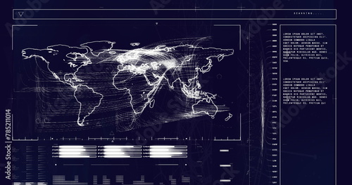 Image of data processing with world map on black background