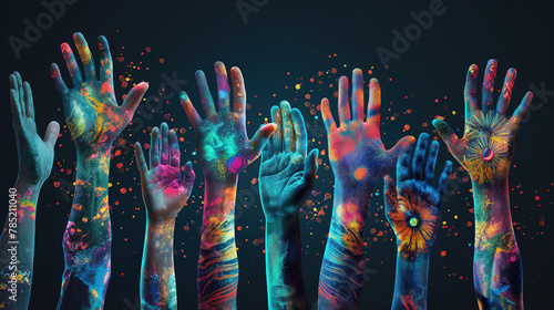 LGBTQ bunte Arme und Hände nach oben gestreckt auf schwarzem Hintergrund leuchtend in Regenbogen neon Farben Gleichberechtigung isoliert Generative AI photo