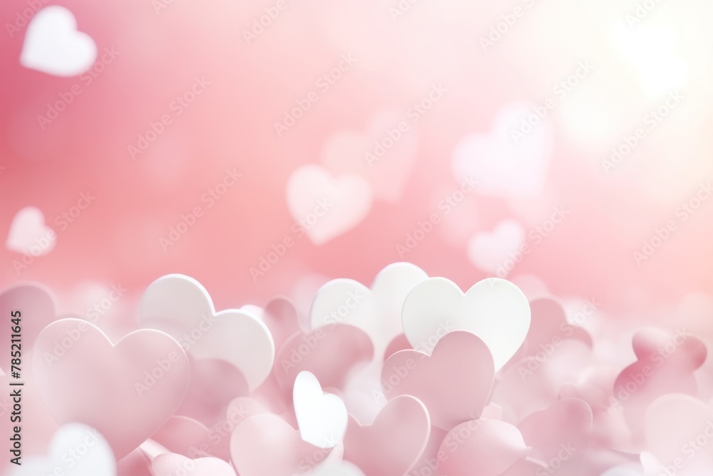 Light pink background with white hearts, Valentine's Day banner with space for copy, pink gradient, softly focused edges, blurred