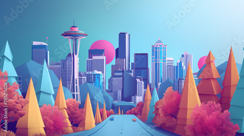 vector background of downtown with modern skyline and high mountain in background of Seattle city view Space needle at Washington State, United State of America, USA photo