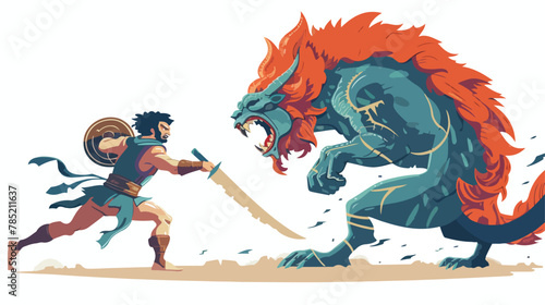 Legendary hero battling monstrous chimera vector illustration