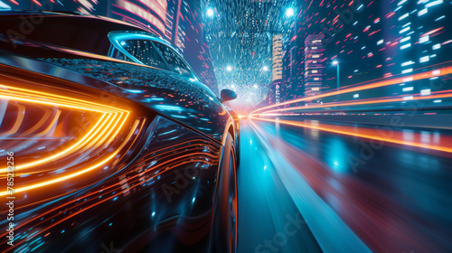 Rear view of Futuristic Car with high fast and speed through neon mega cyber city background, High acceleration car on tack with glowing light trails, night scene neon.
