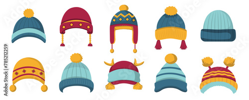 Sport ski snowboarding hats collection, set of autumn or winter cap, knit hat vector illustration, isolated on white background 