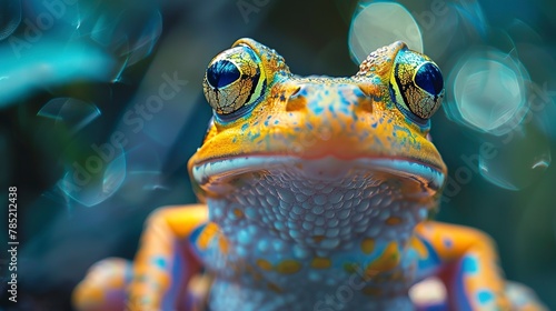 Abstract frog texture, rainforest ambiance, close-up, low angle, saturated colors, dawn light