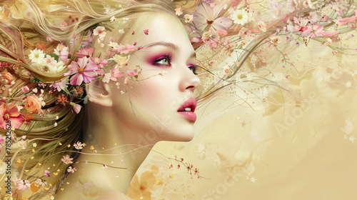 A beautiful portrat of a woman with long hair, pink eye shadow and lipstick is surrounded by flowers in the style of digital airbrushing, with a beige background,  photo