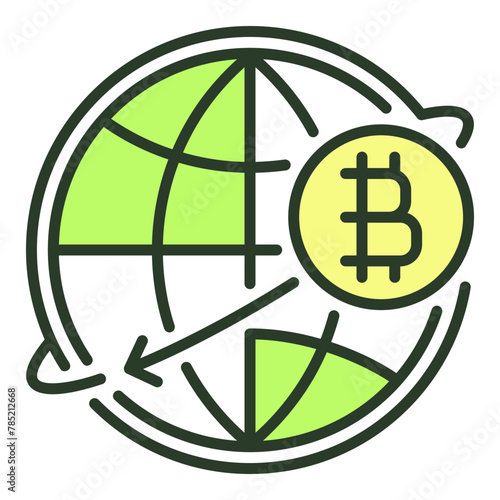World Globe with Bitcoin symbol vector Cryptocurrency colored icon or sign