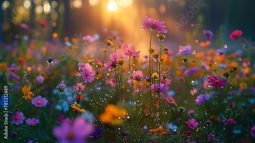 Blooming wildflowers  forest edge  close-up  eye-level view  dewy dawn  essence of spring