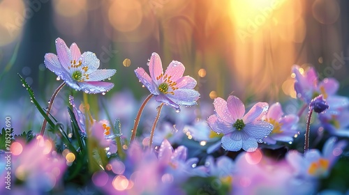 Blooming wildflowers, forest edge, close-up, eye-level view, dewy dawn, essence of spring  photo