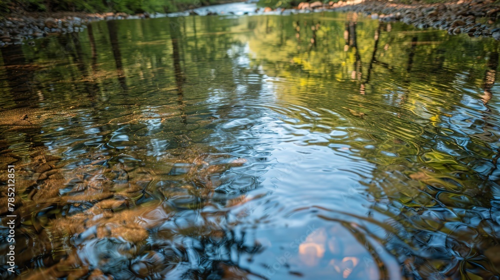 Rippling forest stream, close-up of clear water, bird's-eye view, reflecting spring skies Rippling forest stream, close-up of clear water, bird's-eye view, reflecting spring skies