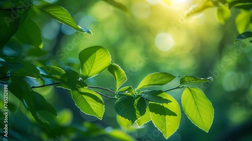 Spring green leaves, soft focus forest background, close-up, low angle, gentle afternoon light