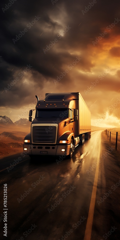 Truck with container on highway, cargo transportation concept