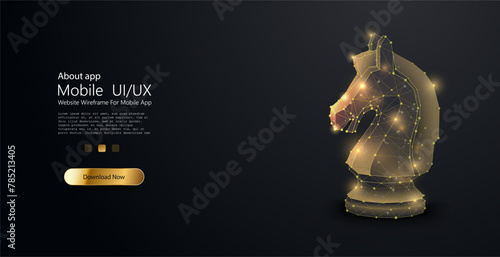 Low poly of the CHESS HORSE with a golden dust effect. Digital Chess Horse in Luminous Network. A digital chess knight emerges in a constellation of connectivity, symbolizing strategic thought.