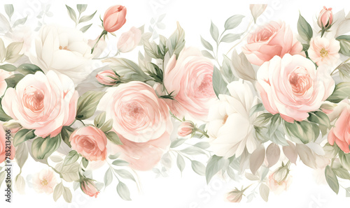White and pink roses pattern, watercolor, Generative AI  © simba kim