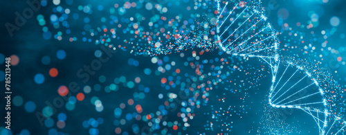 Sparkling DNA helix structure in blue and red. High-tech concept of genetic research, bioinformatics, and computational biology. Abstract visualization with bokeh effect and dynamic particles.