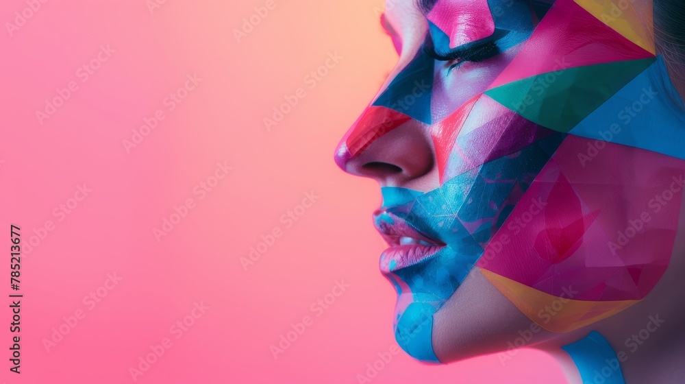 Prismatic elegance: A close-up portrait of a woman with colorful geometric makeup on a pink background