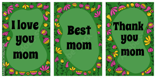 Set of cards for Mother's Day with congratulatory short phrases, Frames of flowers in doodle style on a dark green background of cards for the holiday
